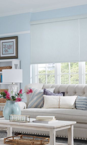 Living room featuring motorized blinds Miami – Stylish and modern window treatments with a vase