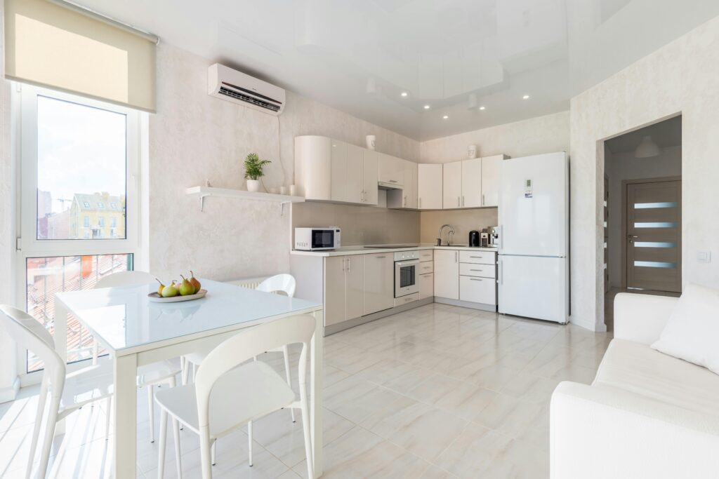 Kitchen with modern blackout shades providing privacy and light control