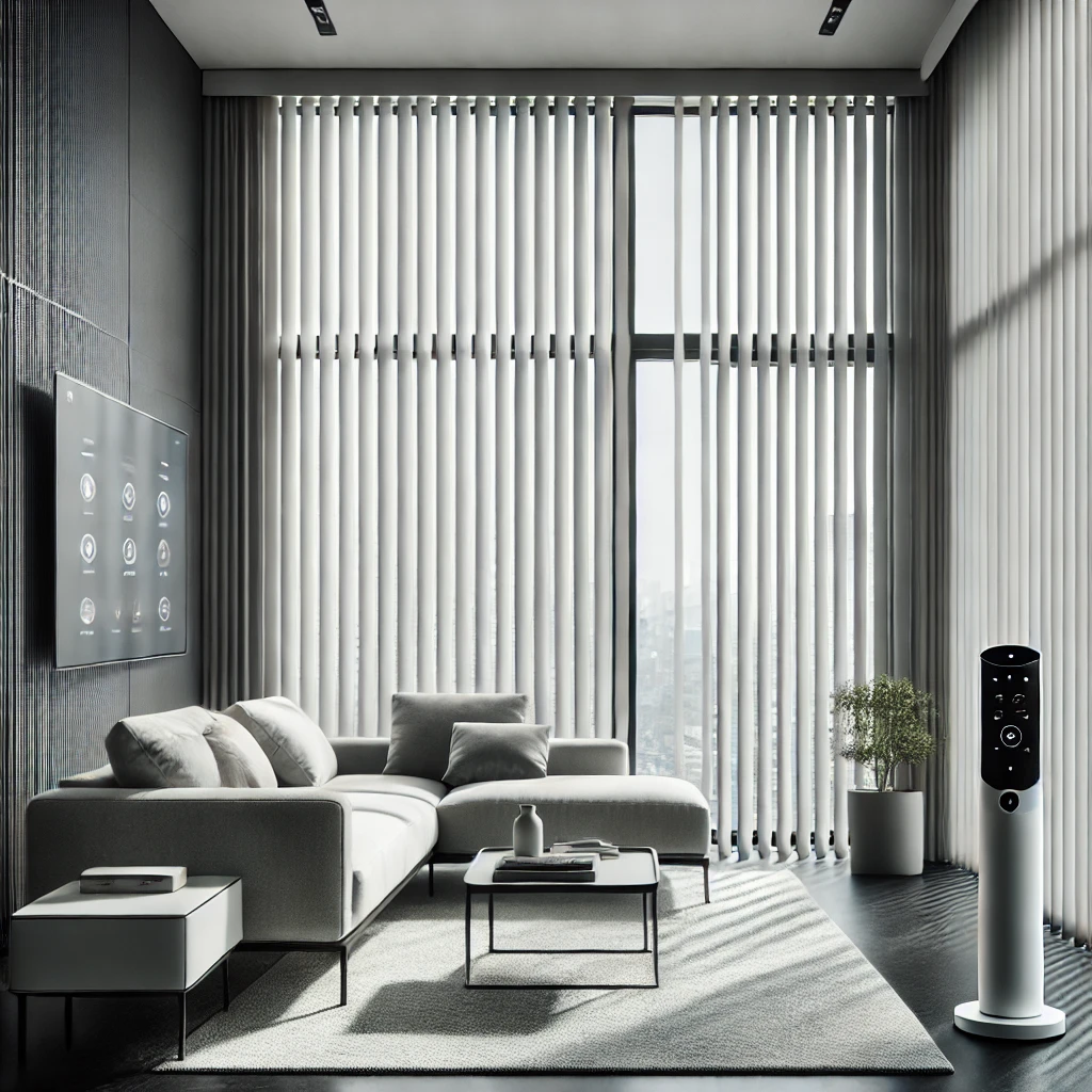 Living room with modern motorized vertical blinds on large windows.